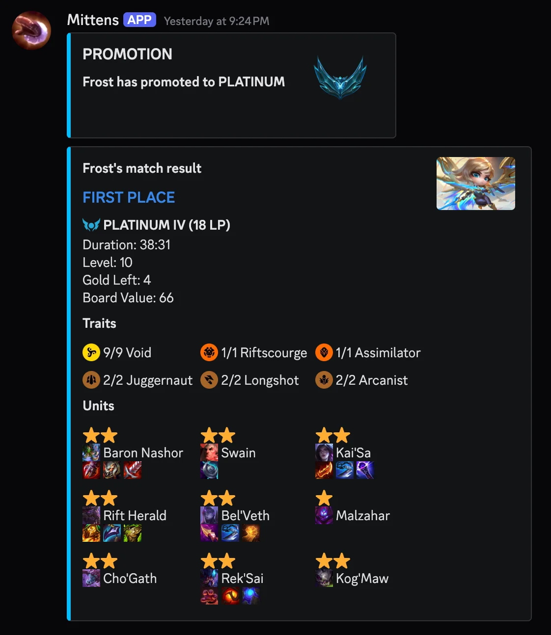 Mittens announces Frost’s promotion to Platinum and a first-place TFT result, with rank, match statistics, traits, units, and item icons.